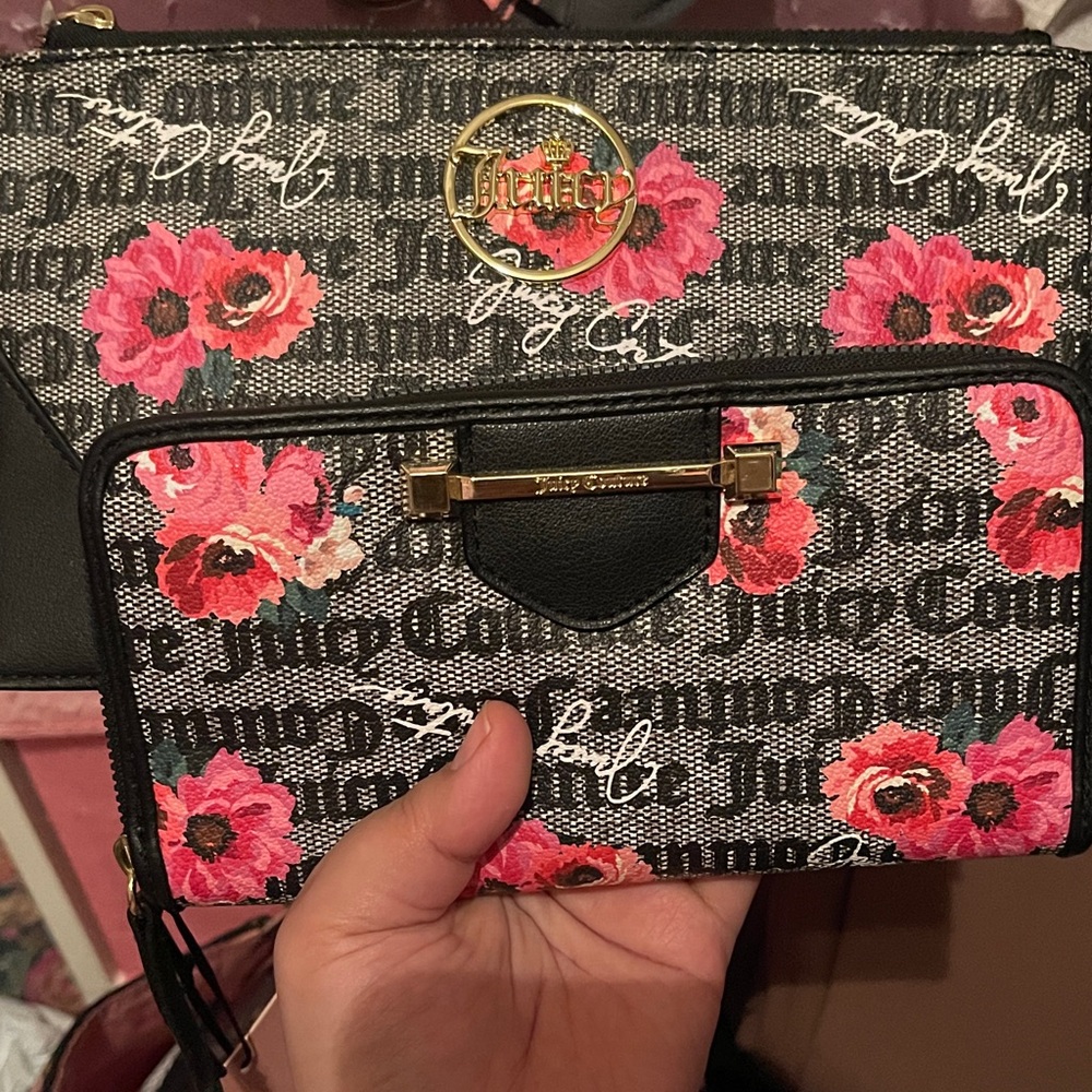 Juicy Couture Black Wallet with Pink Floral Print and matching wristlet bundle